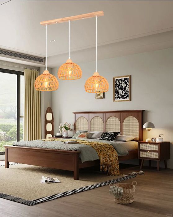 iDEGU Lampe Suspension Vintage Industriel Lustre en Bois Rotin Brun E27 Luminaire Eclairage Design Cage Rétro pour Salon Chambre