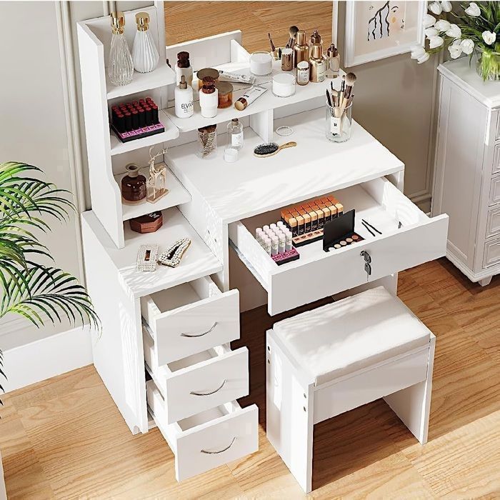 Dripex Coiffeuse avec Miroir et Tabouret Confortable, Table de Maquillage Moderne, 4 Tiroirs, 4 étagères, Blanc, 87x40x144CM