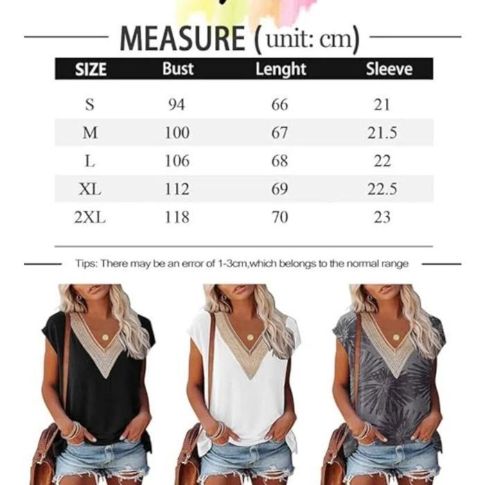 T-Shirt D'été à Manches Courtes pour Femme - Blanc - Col V et Élégant - Dentelle Ajourée Tee Shirt - Été Top Lâche Classique