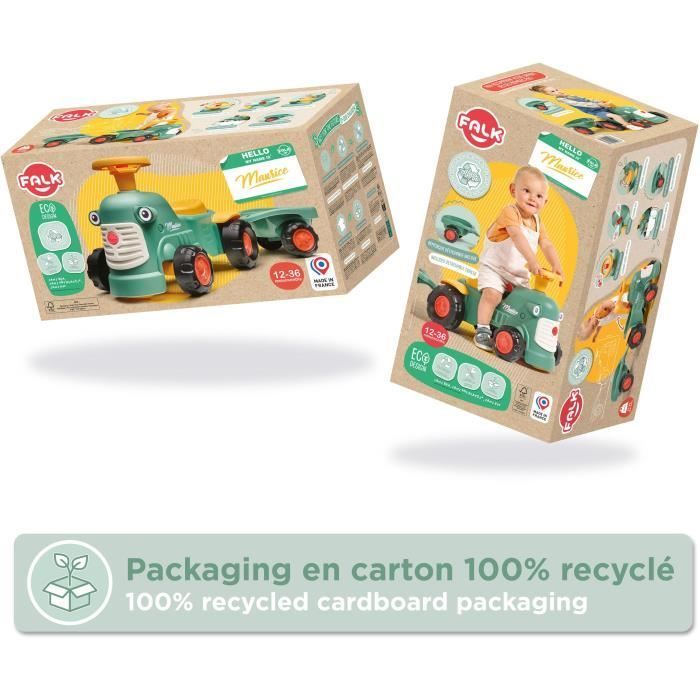 Trattore cavalcabile Maurice - FALK - Volante e rimorchio - 100% Made in France - 90% plastica riciclata - Età 12 mesi+