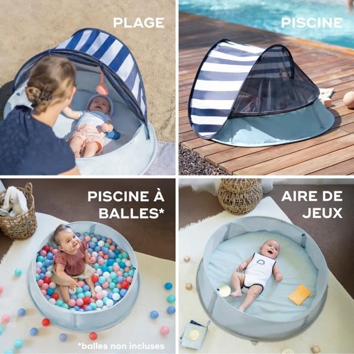 Area giochi 3 in 1 BABYMOOV Aquani a tema marinaio, con piscina e lettino extra, protezione UV SPF 50+, 2 giocattoli e zanzariera inclusi.