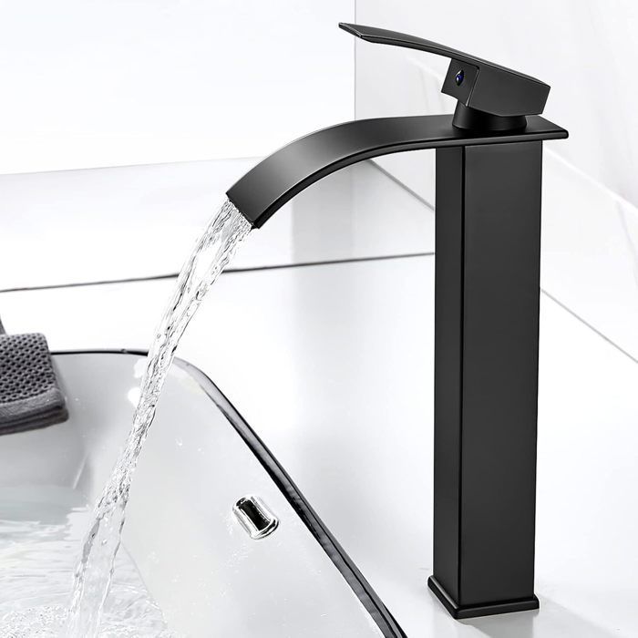 Grifo de lavabo tipo cascada - Grifería de baño - Negro - Grifo mezclador de lavabo - Placa cerámica con serpentín