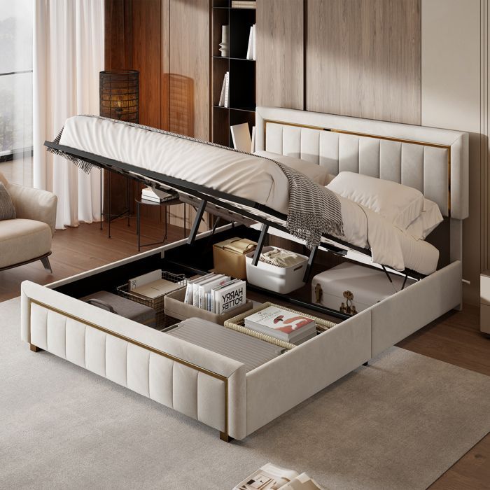 Lit double 160x200 cm - Tissu Lin-Coton - Beige - Sommier à lattes inclus - Sans matelas