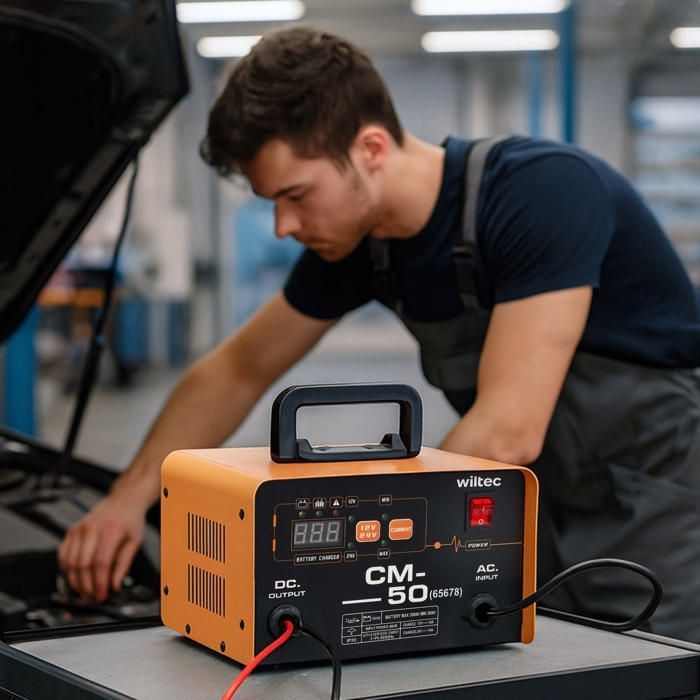 Avviatore di emergenza Wiltec 12-24V, 16Ah, 30-300Ah per auto e moto, 490W, con display LCD e maniglia per il trasporto.