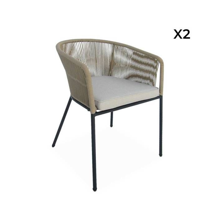 Juego de 2 sillas de jardín de cuerda beige y acero galvanizado. Cojín beige.