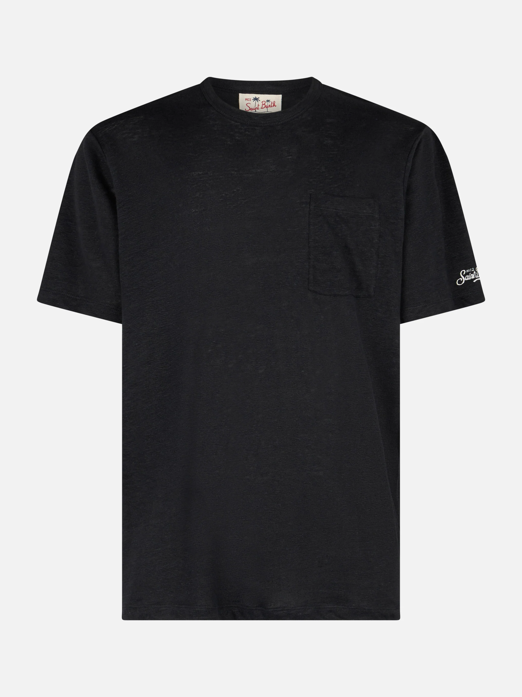 Camiseta de punto de lino negro para hombre de Ecstasea con bolsillo