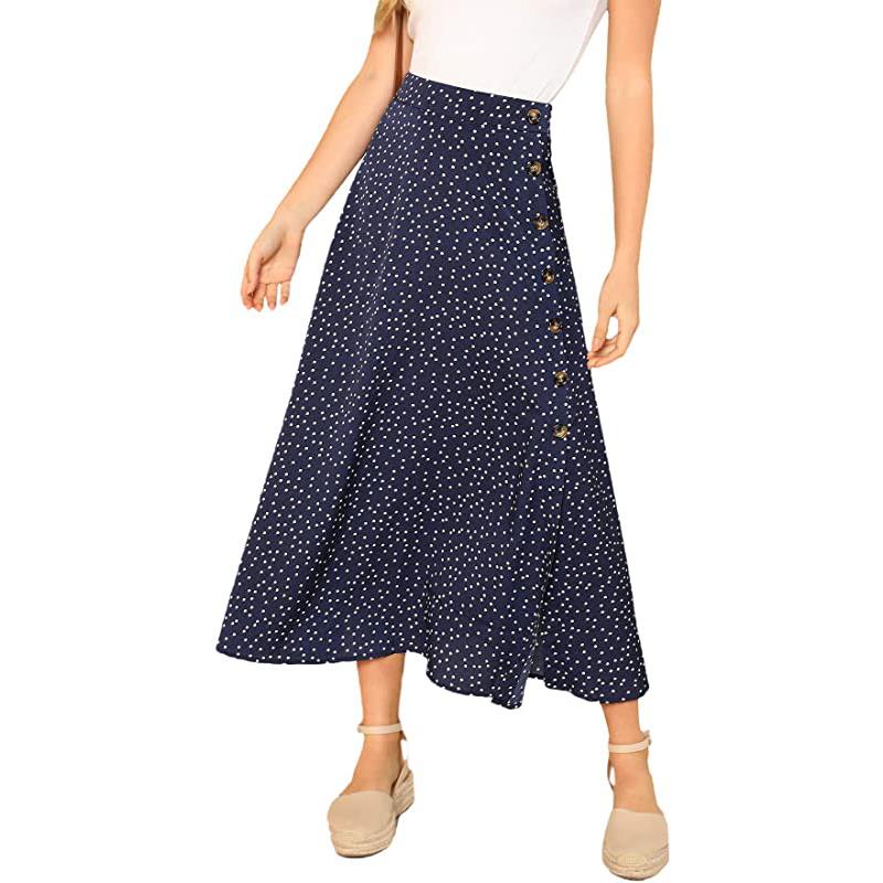 Jupe midi à pois pour femme, coupe trapèze, boutonnée sur le côté et fendue sur le côté, longueur genou