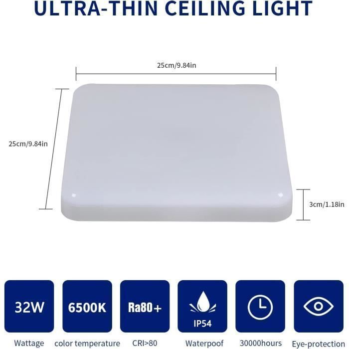 Lámpara de techo LED (paquete de 2) para baño, dormitorio, cocina, sala de estar, balcón, 32 W, 6500 K, resistente al agua IP54, blanca (cuadrada).