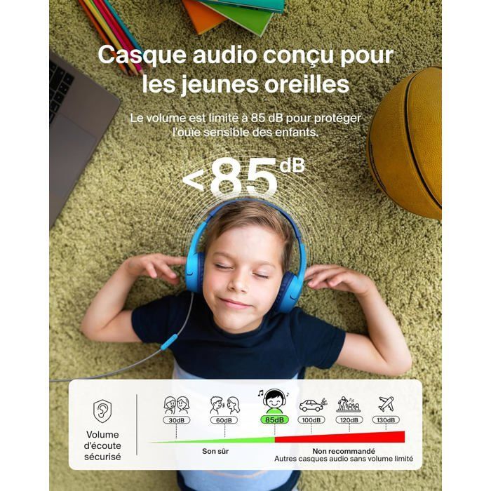 Auriculares infantiles con cable Soundform Mini, con conectores USB-C y de 3,5 mm, micrófono y pegatinas, volumen máximo de 85 dB.