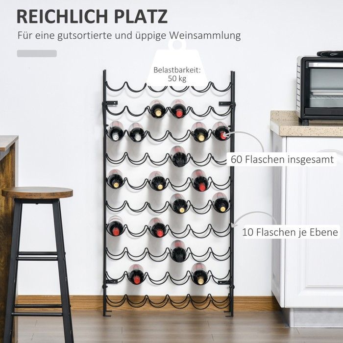Wall-Mounted Wine Rack for 60 Bottles, Modern Black Design, for Wine Cellar, Bar, or Kitchen