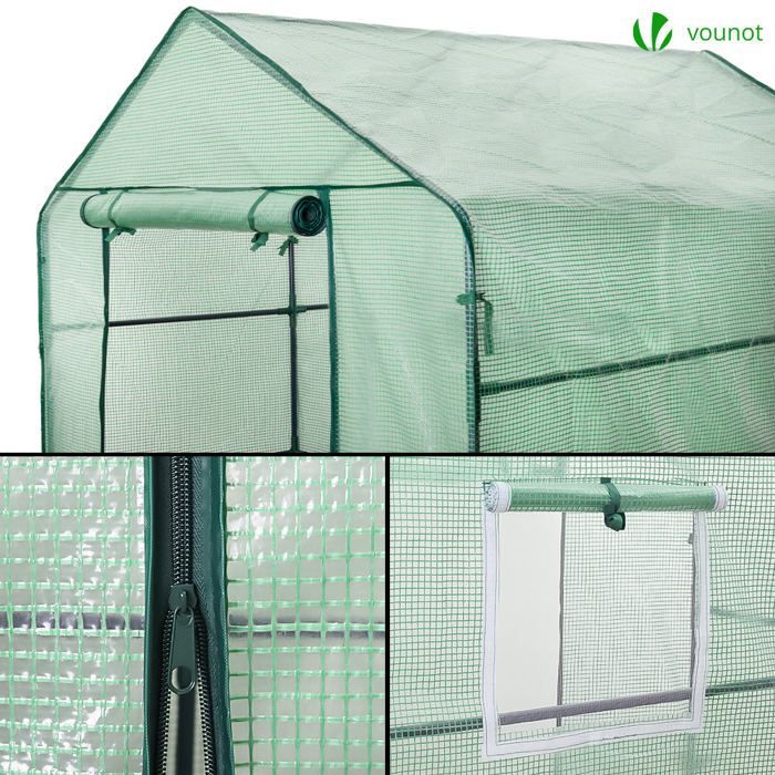 VOUNOT® Serre de jardin avec étagères 143x215x195cm vert - bâche renforcée 135g/m² - fenêtre moustiquaire - porte enroulable zippée