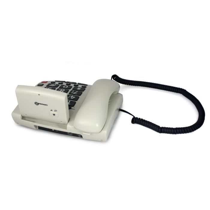 Teléfono con cable GEEMARC SERENITIES con botones grandes para personas mayores y mando a distancia de diseño.
