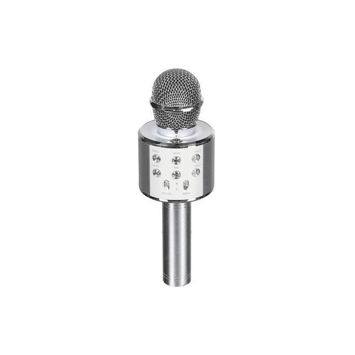 Altavoz con micrófono para karaoke de 23 cm, color plata.