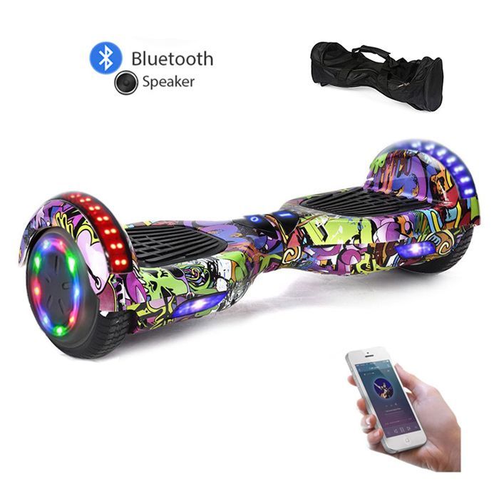 6,5 tommer hiphop lilla hoverboard med Bluetooth-højttaler, flerfarvede LED'er, fjernbetjening og gratis bæretaske