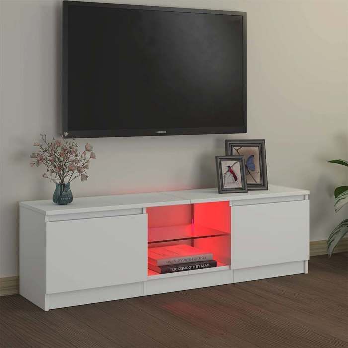 vidaXL Meuble TV avec éclairage LED, Blanc, 120x30x36 cm, Panneaux de bois & verre trempé, Support TV jusqu’à 50