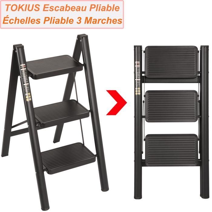 Escalera de 3 peldaños - Escalera plegable TOKIUS con plataforma antideslizante - Escalera de aluminio resistente, ligera y portátil, color negro.