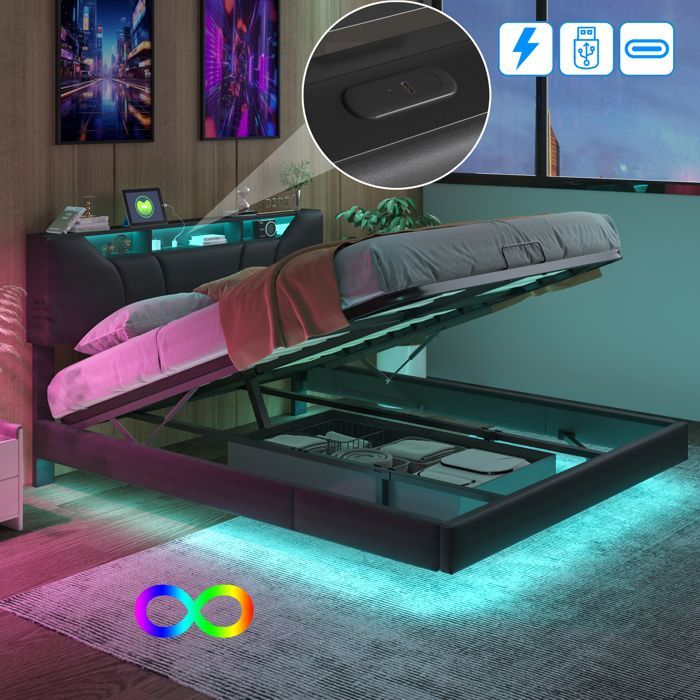 Double Bed 160x200 - LED Lighting - Reinforced Slatted Base - Storage Compartment - Modern Design