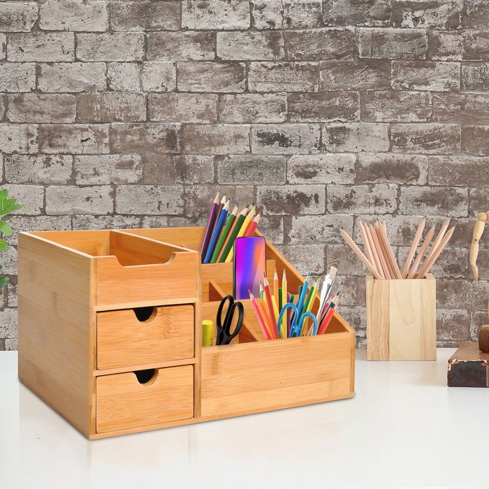 Organizador de escritorio - HOMCOM - Caja de almacenamiento de 7 compartimentos con 2 cajones - Bambú - Natural