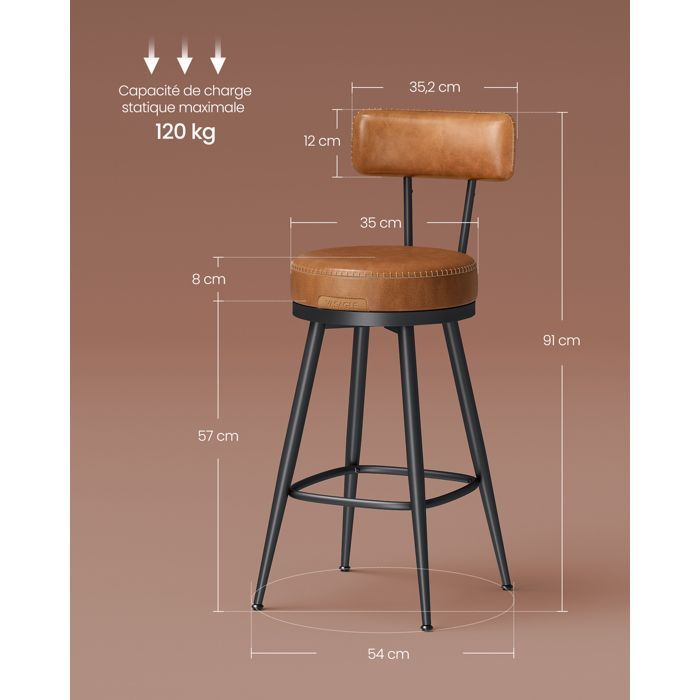 Tabouret de Bar - VASAGLE - Siège Rembourré - Style Moderne Mi-siècle - Marron Caramel