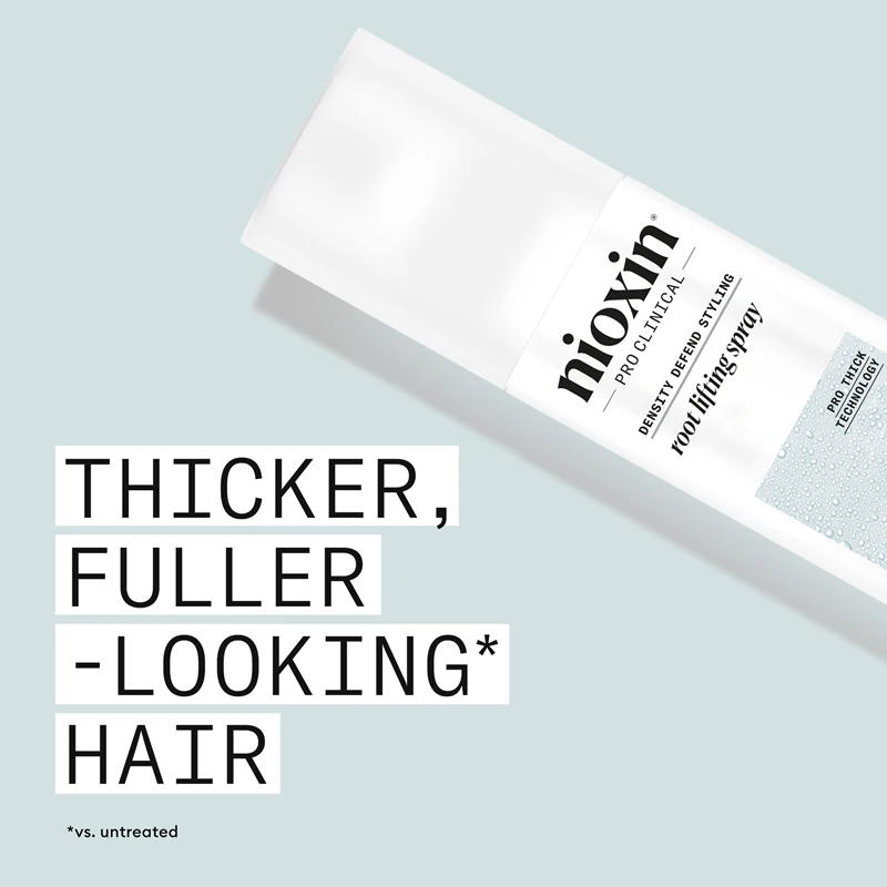 Spray volumizador Nioxin Density Defend Styling Root Lifting para cabelos com aparência impecável.