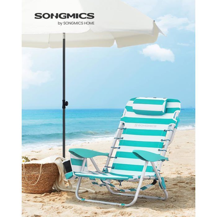 Silla de playa portátil, reposacabezas, respaldo ajustable, portavasos, bolsillo, capacidad de carga de 150 kg, rayas verdes y blancas GCB62JW