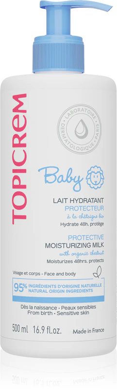 Topicrem BABY Meine erste ultra-feuchtigkeitsspendende Milch – Feuchtigkeitsmilch für Gesicht und Körper, für trockene und empfindliche Haut
