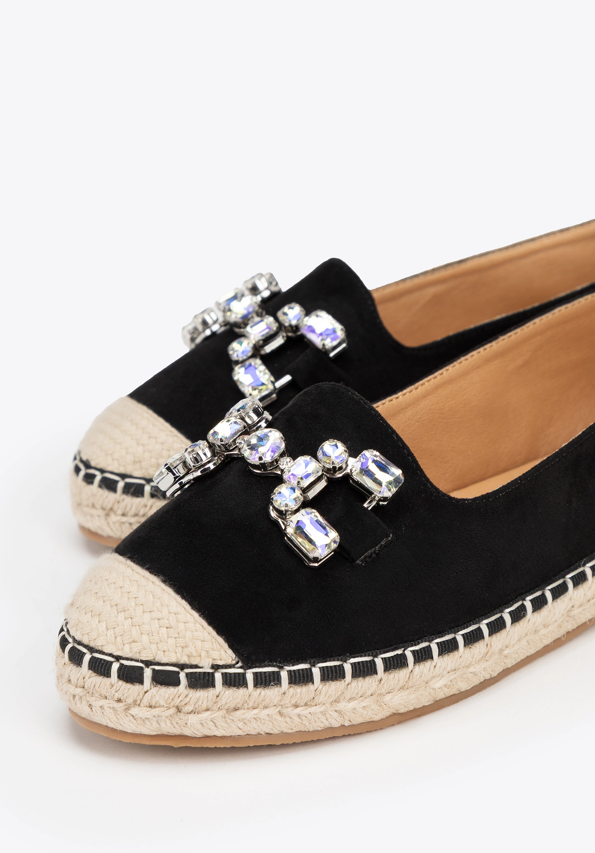 Damskie espadryle z biżuteryjną ozdobą czarno - beżowe