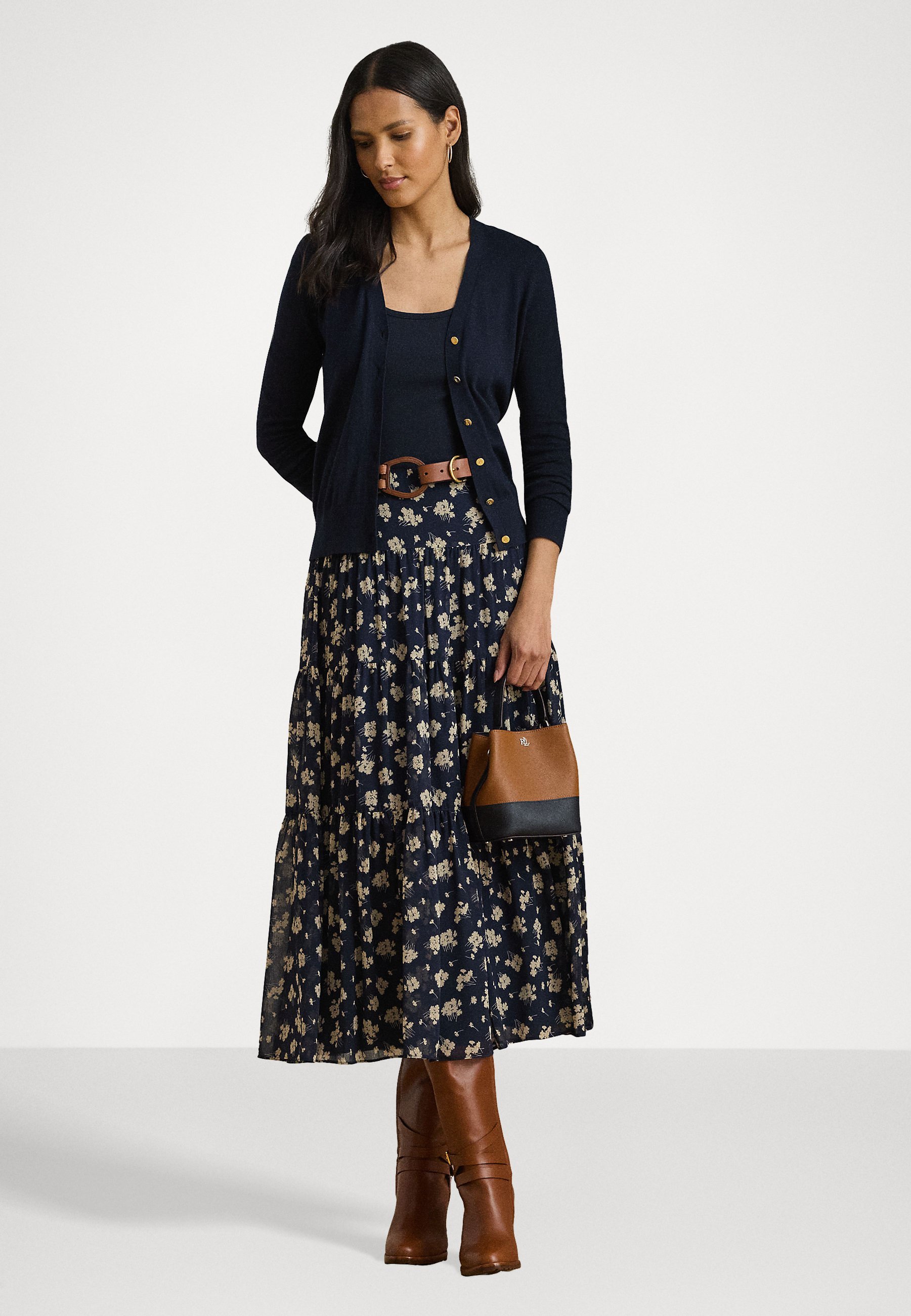 Lauren Ralph Lauren rok van georgette met bloemenprint en plooien - A-lijn rok - marineblauw/crème