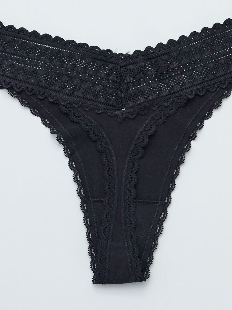 Conjunto de 3 calcinhas fio dental de algodão e renda - PRETAS
