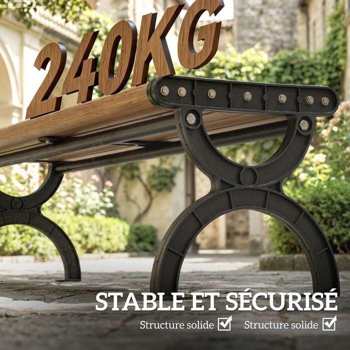 Banco de jardín Outsunny - 2 plazas - asiento de listones - estructura metálica - para terraza, patio o césped - 124 x 39 x 39 cm - efecto madera