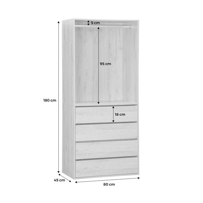 Armario con 4 cajones y 1 barra para colgar ropa, color blanco. Paneles laminados.