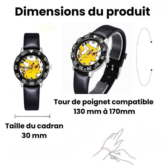 Reloj infantil de Pikachu | Correa de cuero vegano negro | Correa ajustable | Movimiento de cuarzo | Diseño de Pokémon