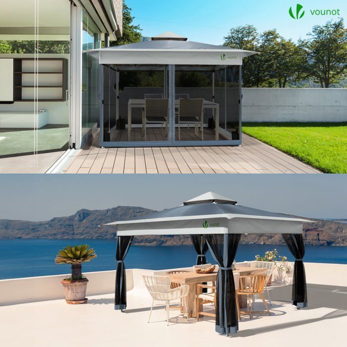 Cenador de jardín plegable VOUNOT® de 3,6 x 3,6 m con mosquitera, fácil montaje, gris.