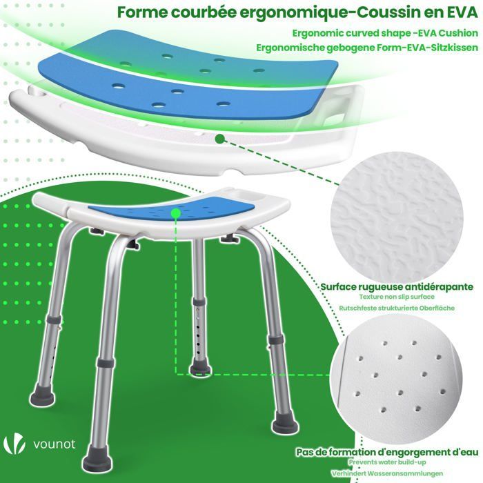 VOUNOT® Siège de douche ergonomique - Hauteur réglable - Pieds antidérapants - Tabouret en Aluminum HDPE - Bleu