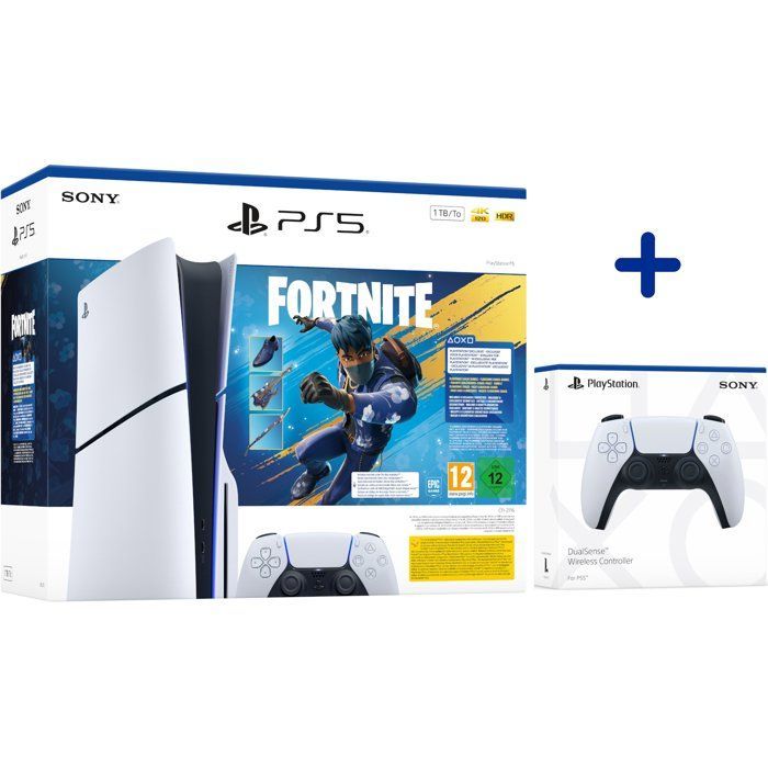 PS5 Standard-Bundle (mit CD-Laufwerk): PlayStation 5-Konsole (Slim-Modell) + Fortnite® Flowering Chaos-Inhalte + 2. weißer Controller