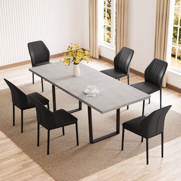 JIEXI Modern Dining Set for 6 to 8 People, Extendable Dining Table (Extendable Table + 6 Black Chairs)