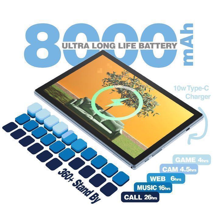 TAKINURU 10,1 tuuman kosketusnäyttötabletti, Android 15, 32 Gt + 256 Gt, kahdeksanydinsuoritin, 5G Wi-Fi, Type-C-portti, 8000 mAh akku, sininen