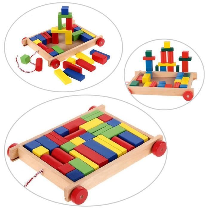 Jeu de construction en bois - KART - Chariot à tirer - 34 pièces - Multicolore