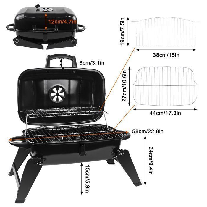 Barbecue Charbon de Bois Pliable - SunJas - avec Couvercle Grille BBQ Party Portable pour Balcon Camping - en Émail Noir