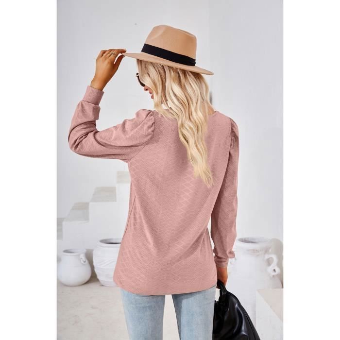 Maglia da donna a maniche lunghe con scollo quadrato, modello ampio e casual, tinta unita, ideale per primavera e autunno - Taglia europea - Rosa chiaro