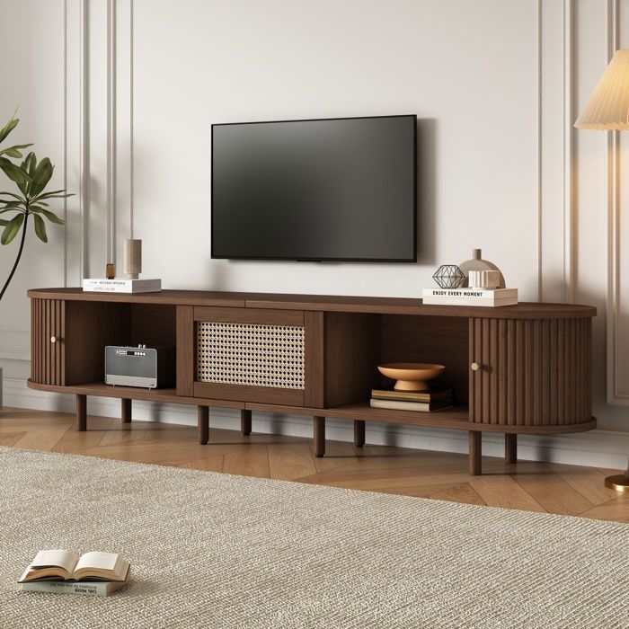 TV stand with 2 sliding doors, 1 drawer and storage compartment, minimalist design living room furniture, 180x40x40cm, walnut