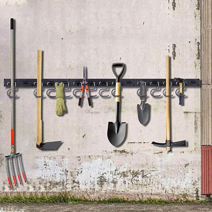 Organizzatore per attrezzi da garage resistente, supporto a parete regolabile, sistema di stoccaggio con ganci e staffe, 48 pollici. Etichetta