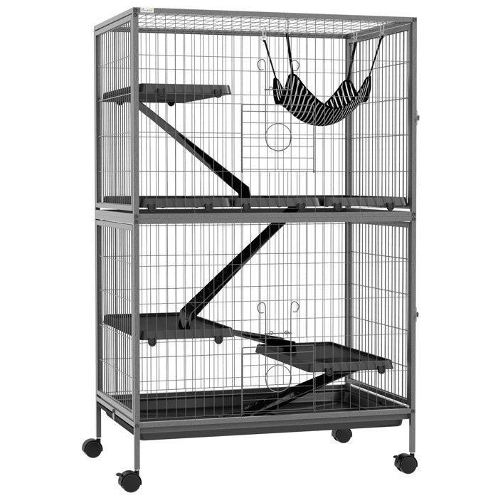 Cage pour rongeurs Pawhut Multifonction 4 Plateformes 3 rampes 4 Portes dim. 80L x 52l x 128H cm acier Gris argenté Noir