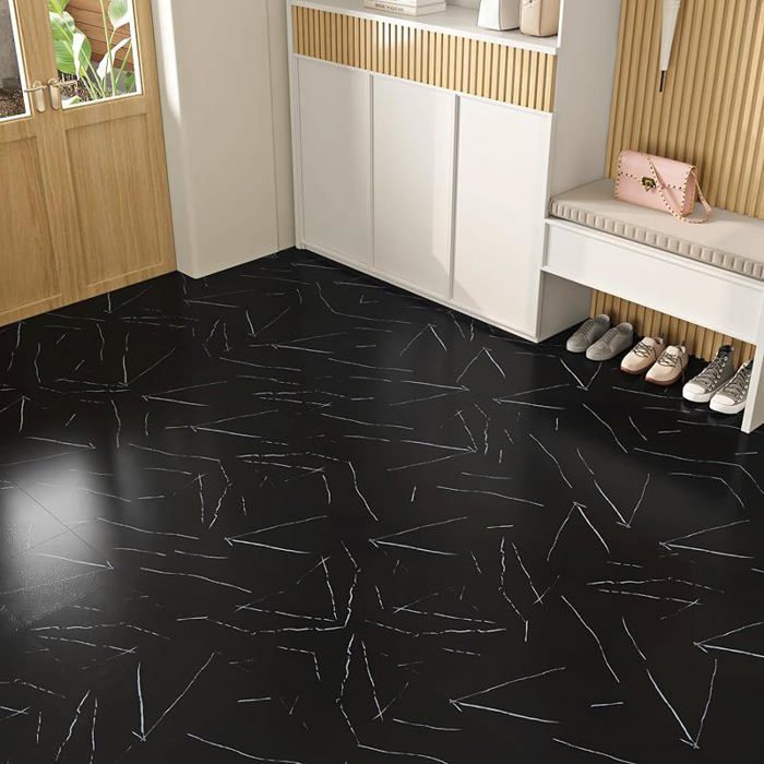 ReWallpaper Self-Adhesive PVC Floor Tile, Marble Imitation, Black, 30cm x 30cm, Black Flooring for Bathroom, Linoleum 3