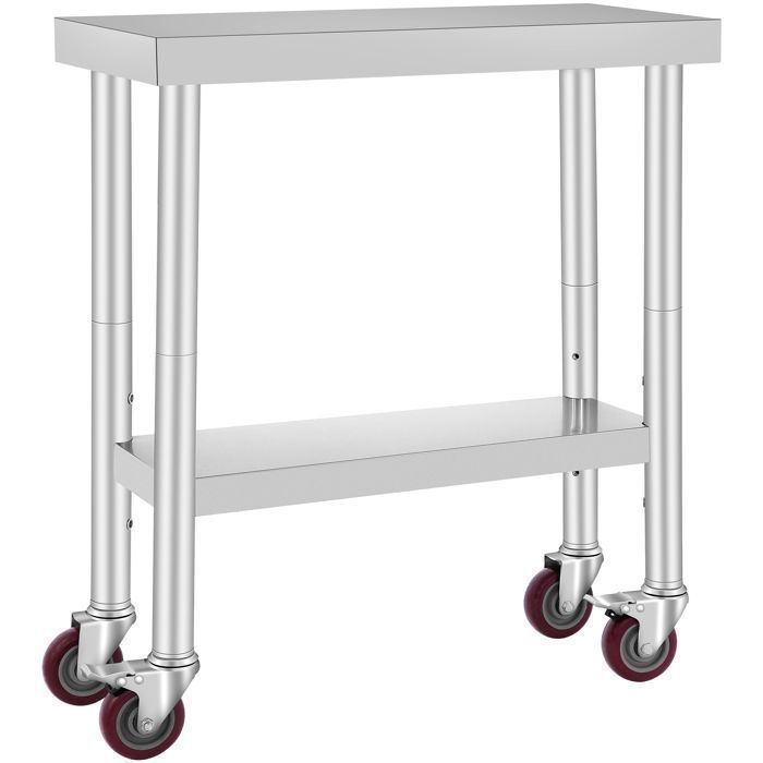 Mesa de trabajo de cocina - DUOKU - Mesa de preparación - Acero inoxidable - 4 ruedas - 3 niveles ajustables