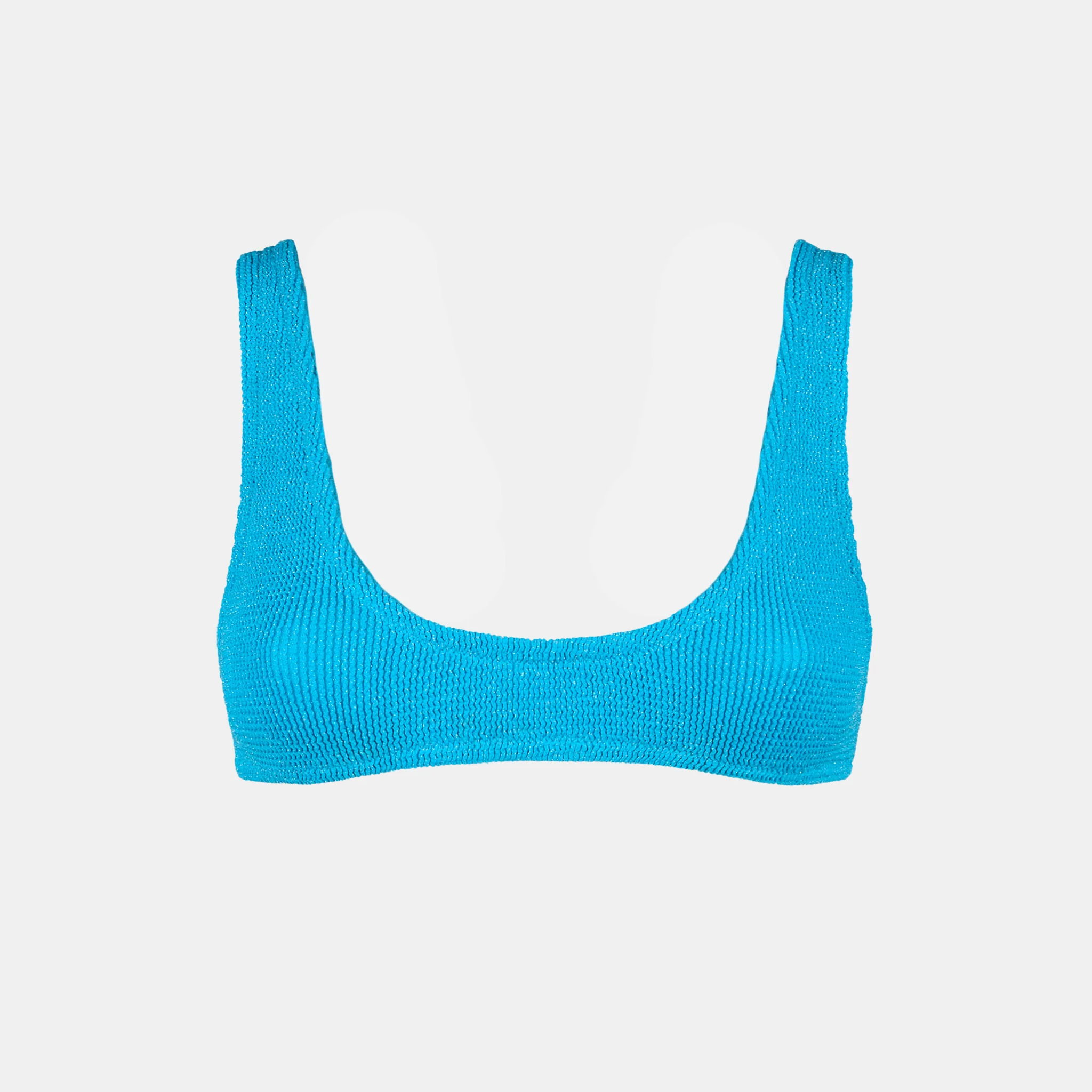 Dames bralette badpak van lichtblauw lurex met kreukeleffect