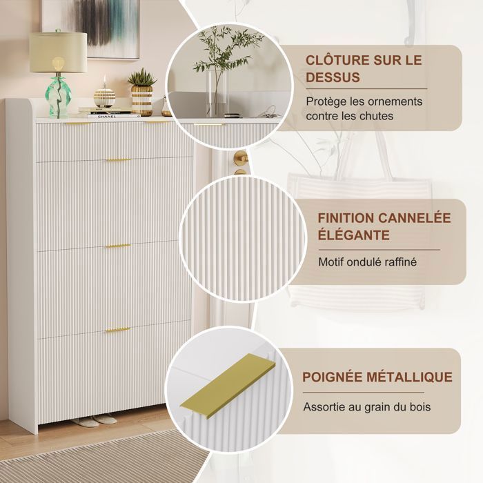 Meuble à chaussures - Armoire a Chaussures avec 3 Abattants et 2 Tiroirs - style minimaliste moderne - Blanc - 133 x 77 x 25 cm