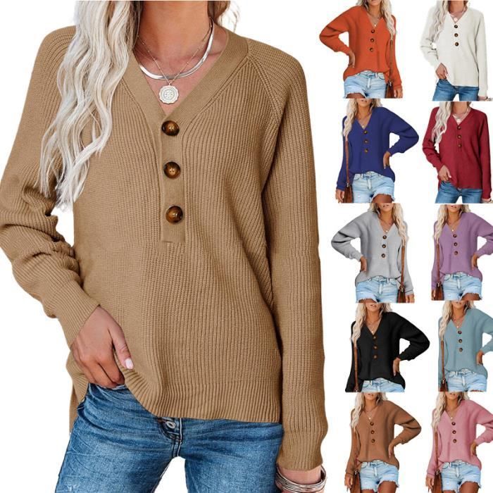 Pull Femme Alpaga Automne INSFITY - Boutons Col en V - Bleu marine