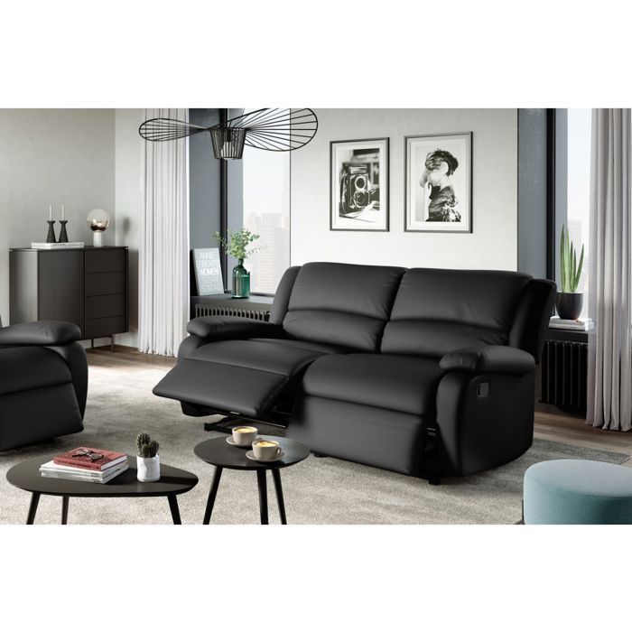 Canapé relax manuel 3 places avec 2 assises XXL LEO en simili - Noir - L193 x P93 x H96cm - LOUNGITUDE
