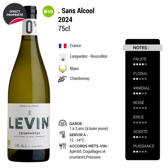 Villa Noria LEVIN Alkoholfreier Chardonnay 2024 – Alkoholfreier Weißwein aus dem Languedoc-Roussillon (6 x 75 cl) Bio-Alkoholfrei